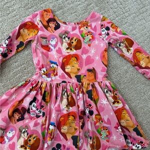 Girls Pink Disney Character Heart Print Long Sleeve Dress